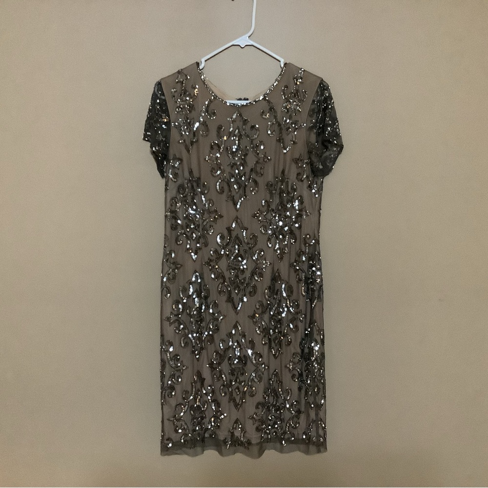 Elegant Sequin Embellished Dress - Pewter and Tan